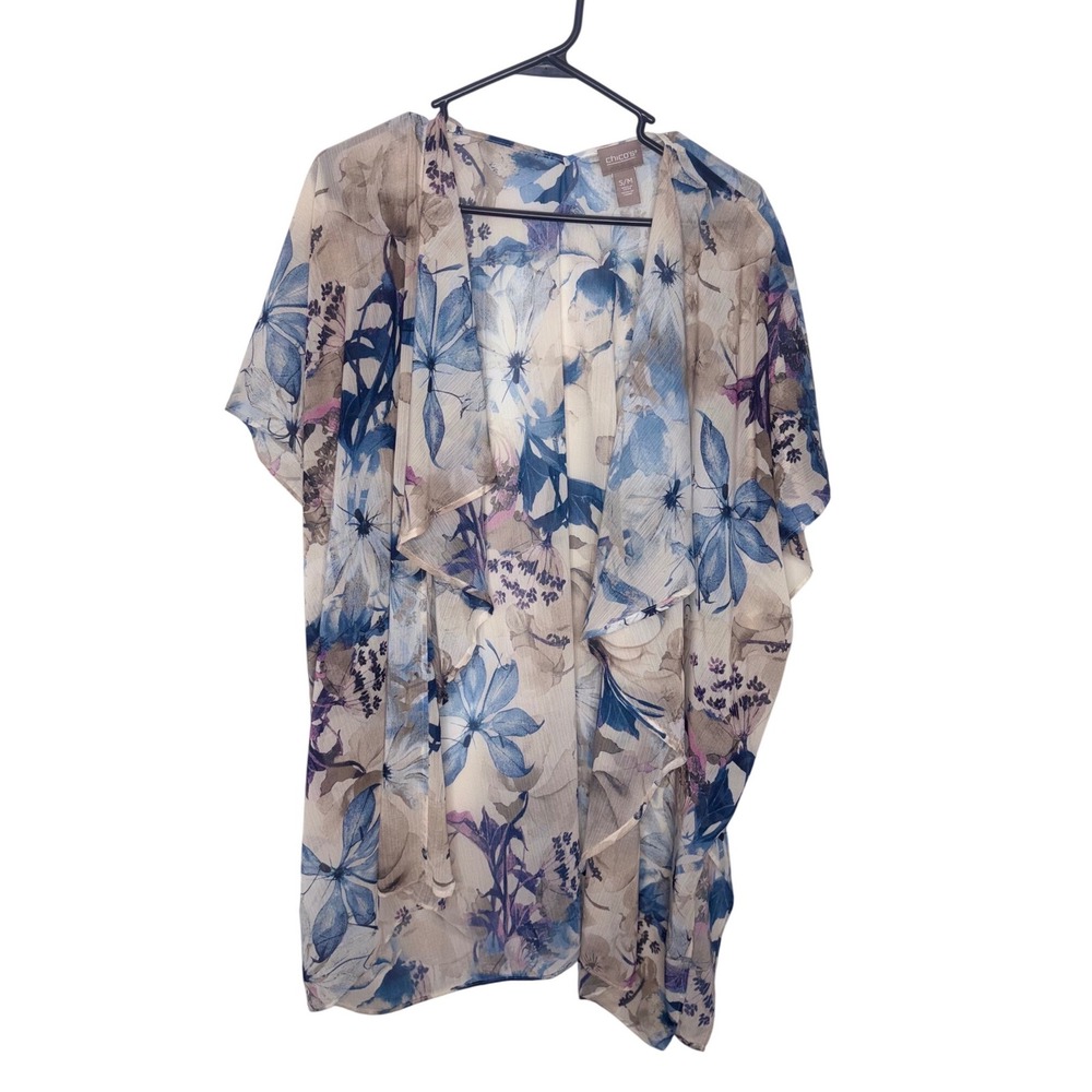 Blue Floral Sheer Kimono Cover Up Boho Resort Beach Chico’s - Picture 2 of 5